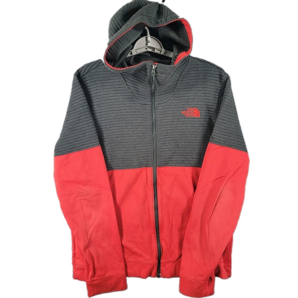 The North Face Sweater Red Gray Mens Medium Colorblock Hooded Full Zip Fleece